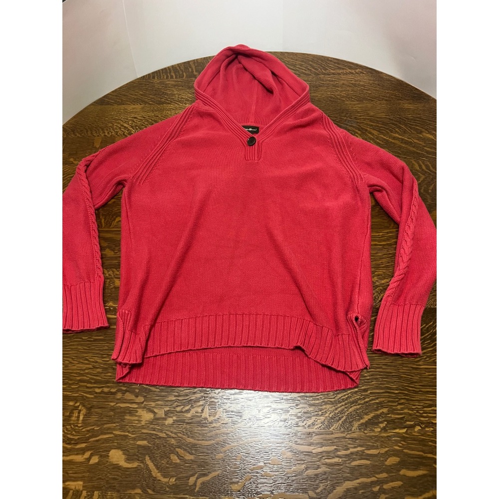 Eddie Bauer Hooded Sweater Womens XLT Red Cable Knit Cotton Henley Pullover VTG